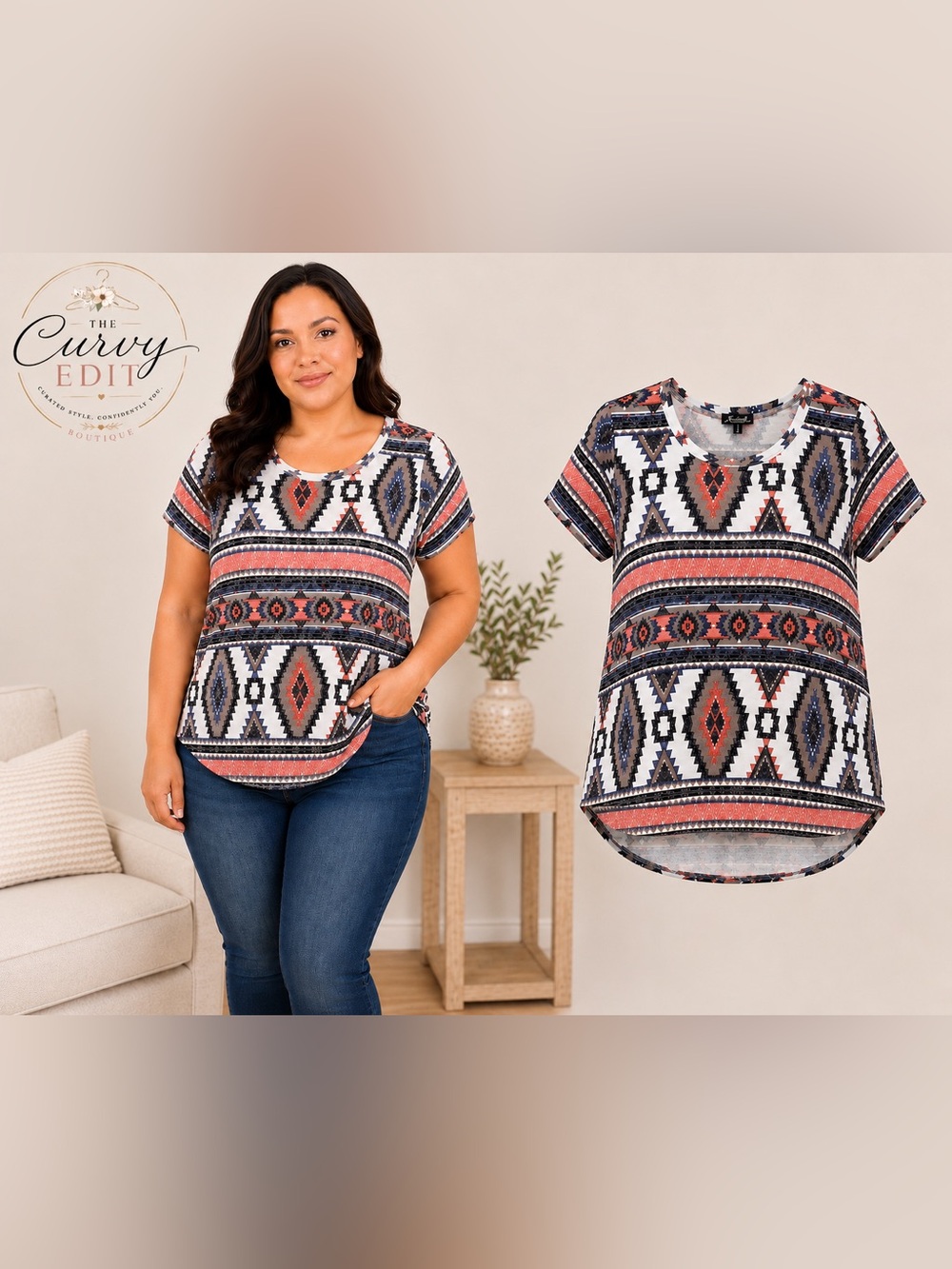 Absolutely Famous 1X Aztec Print High-Low Top Western Chic